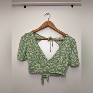 Timing Green Daisy Print Tie Back Crop Top Puff Sleeve Cottagecore Size L